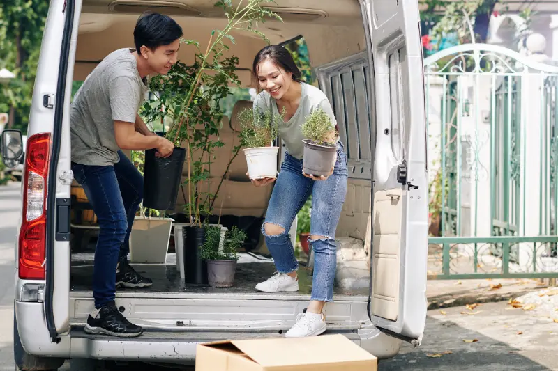 Pareja en furgoneta ford trasportando plantas